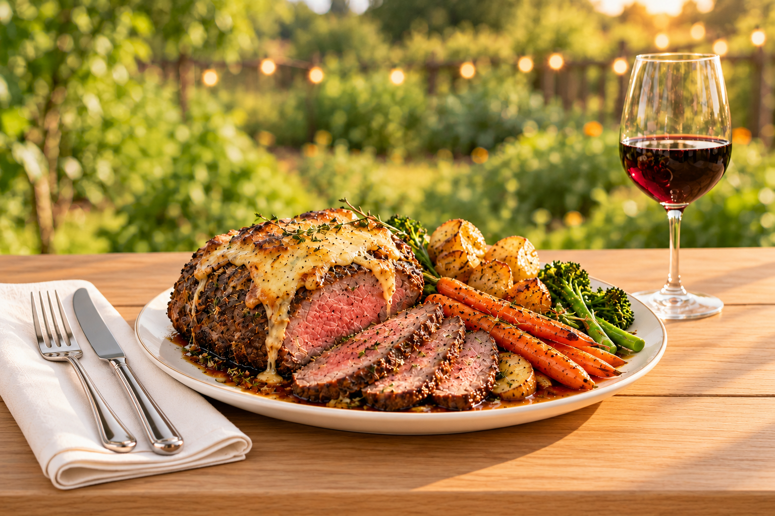 Roast beef with vegetables served outdoors in a sunlit garden