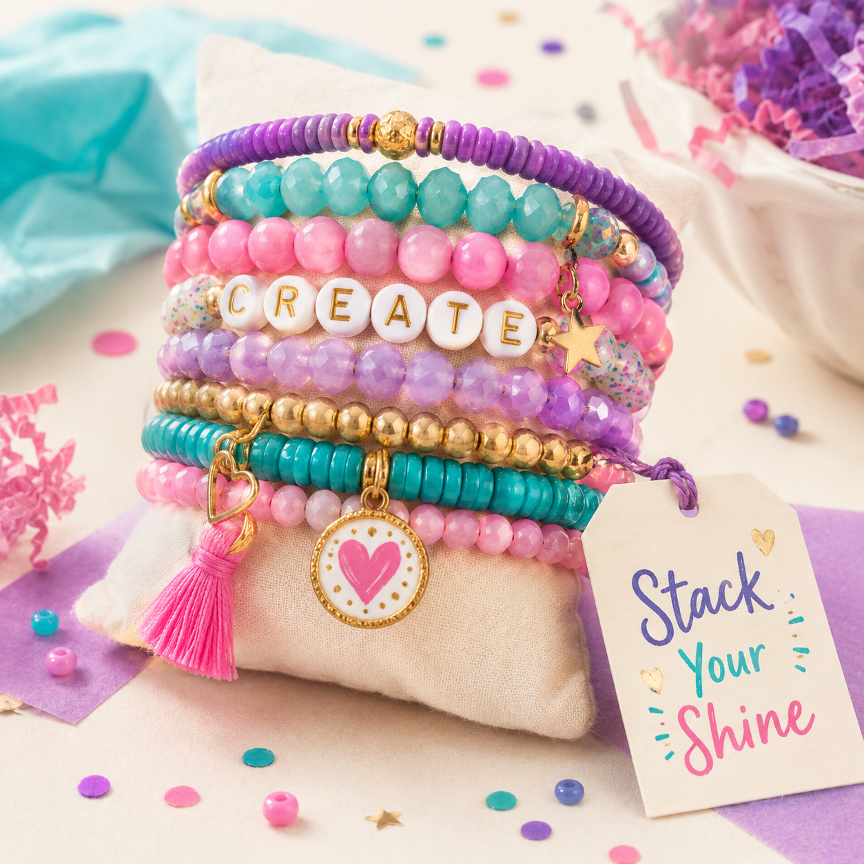 Colorful bracelet stack created for a sample portfolio