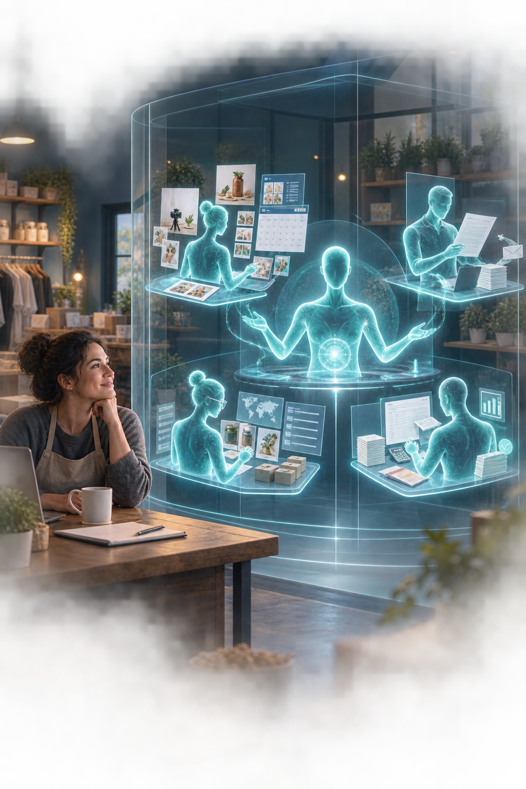 A small business owner watches a coordinated team of digital AI workers complete marketing, proposals, sourcing, and financial work