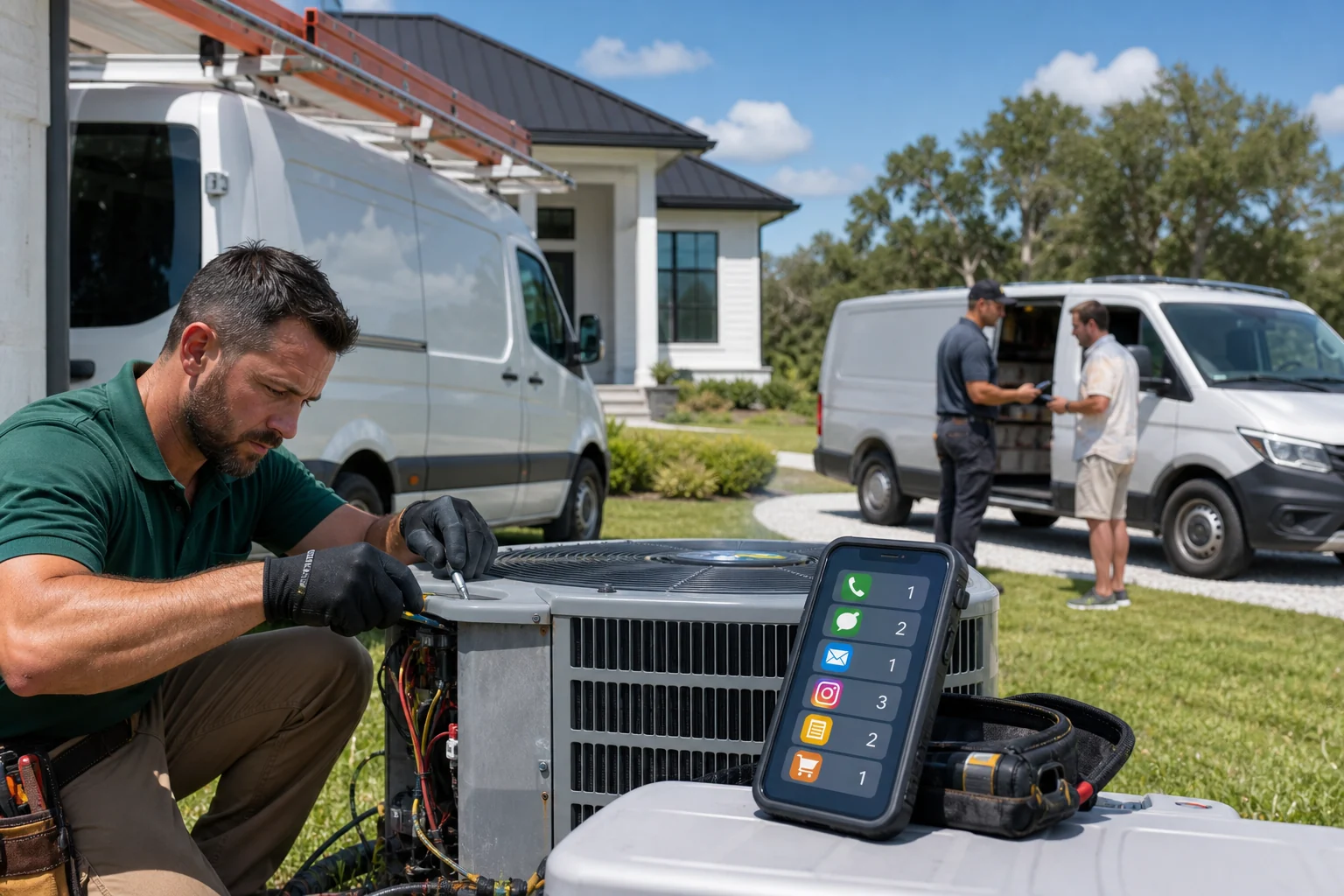 An HVAC owner works while calls and customer messages wait unanswered and another provider gets the opportunity.