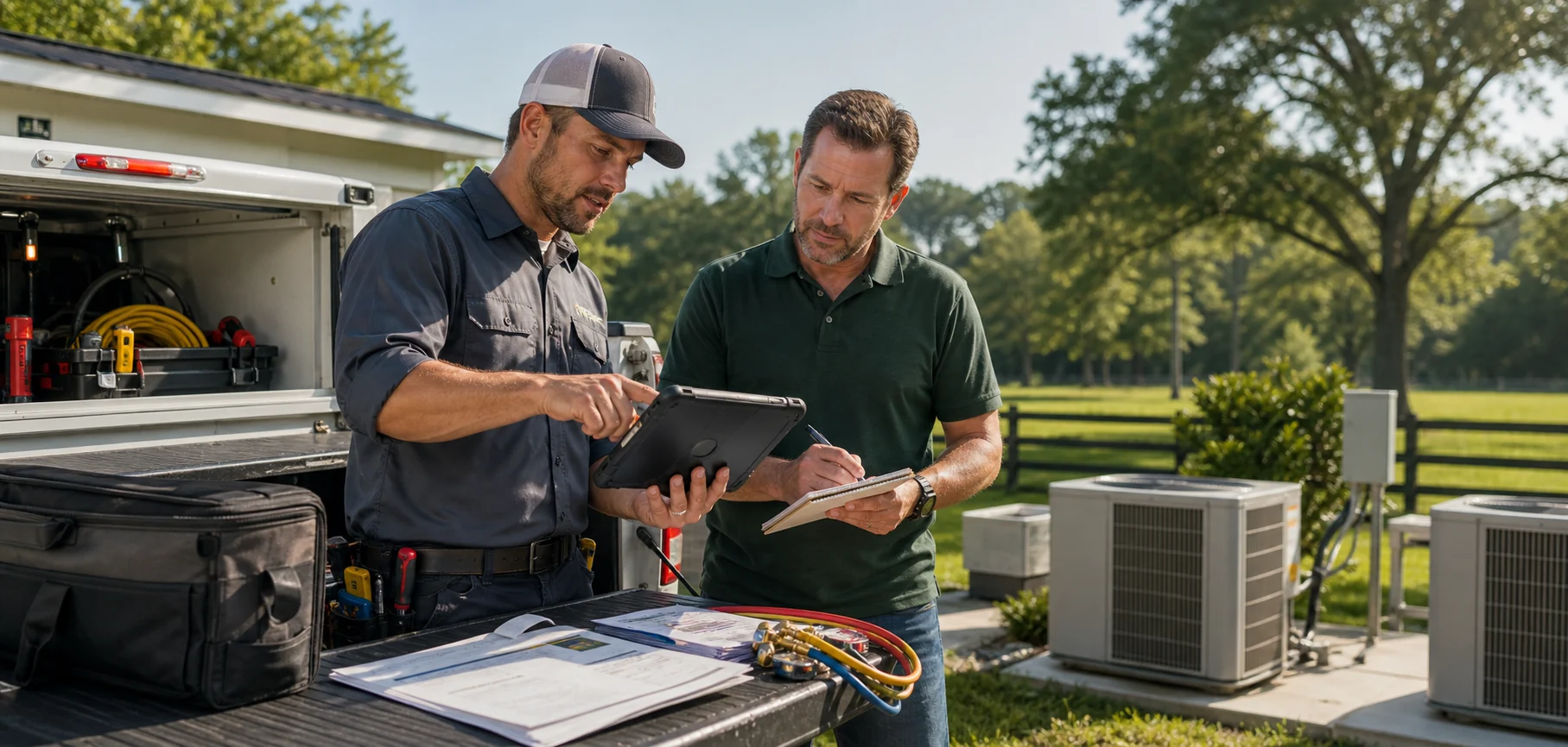 A trades business owner and practical advisor build a customer-response plan around the owner's real operation.