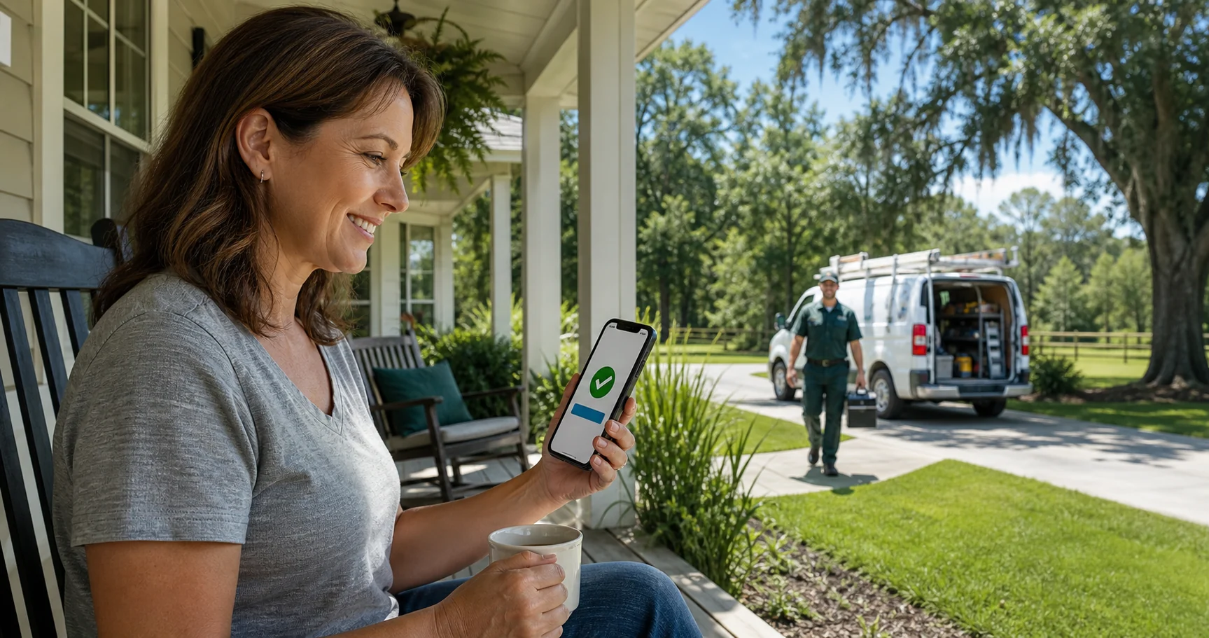 A homeowner receives a fast confirmation as a trusted local service professional arrives.
