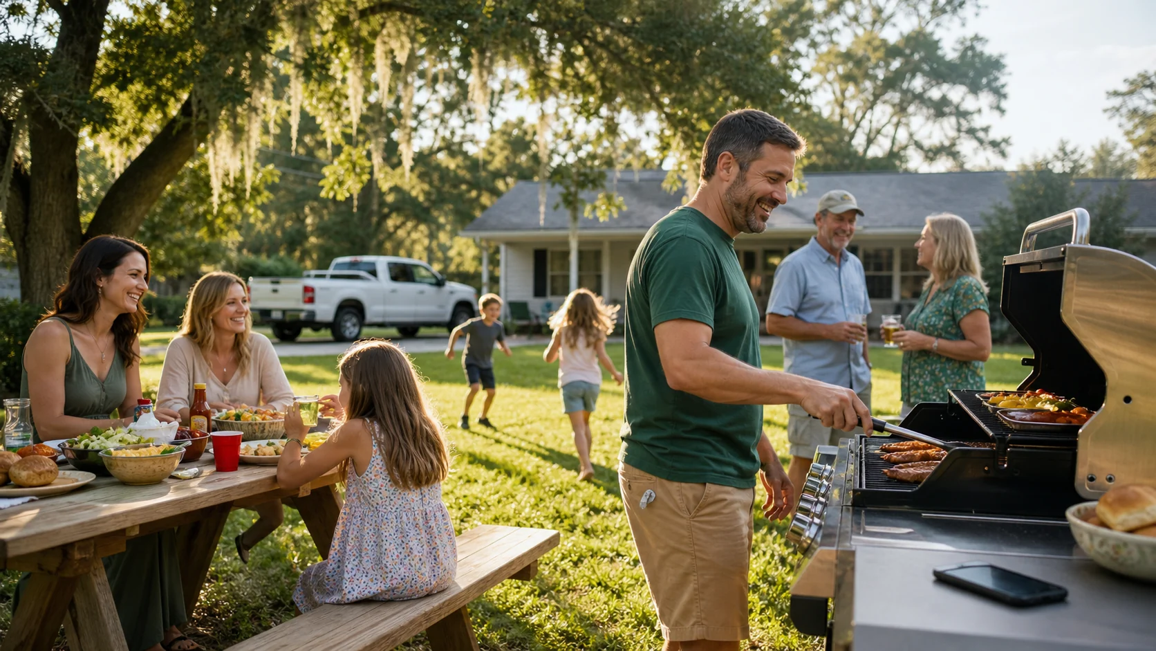 A trades business owner enjoys a North Florida family barbecue while the business keeps moving.