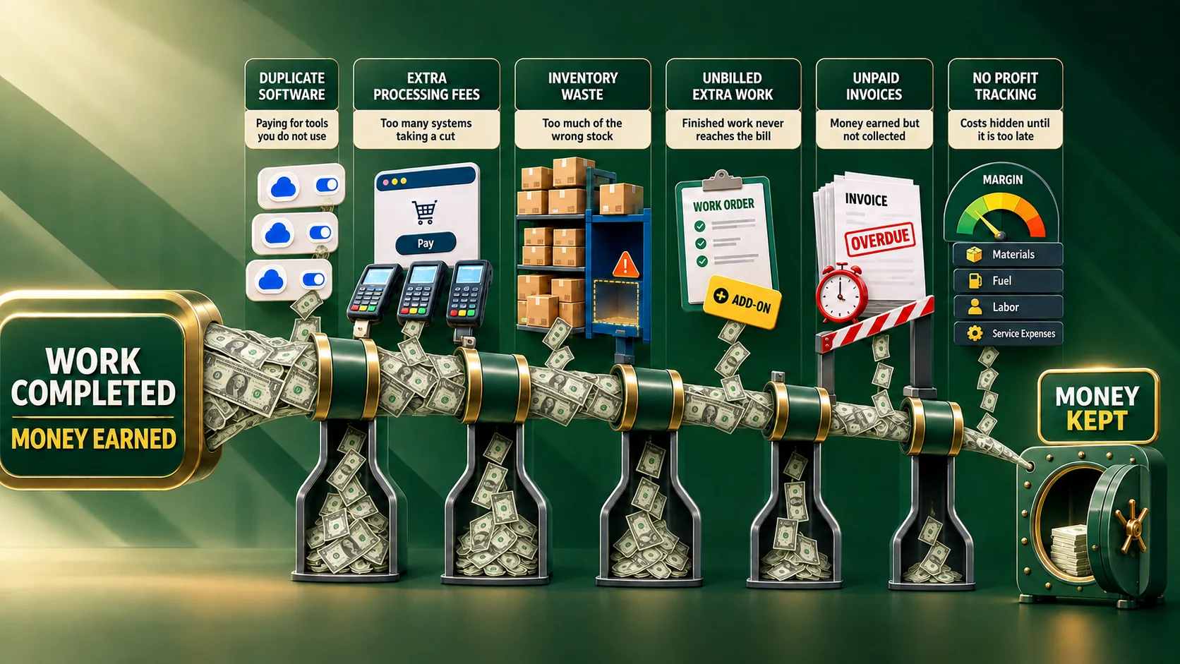 Money earned enters the business, but dollar bills are lost through unused software, processing fees, idle inventory, unbilled extra work, unpaid invoices, and unclear job profit before the smaller remainder reaches the safe.