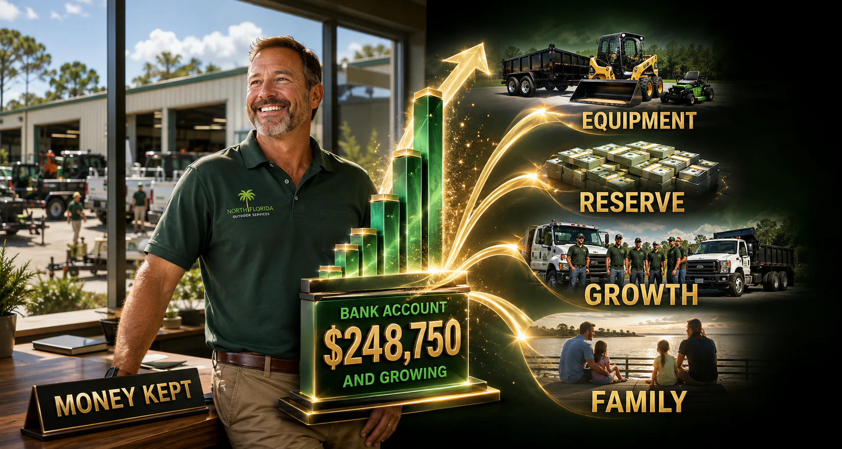 A motivated small-business owner sees retained money growing and opening choices for equipment, a reserve, business growth, and family security.