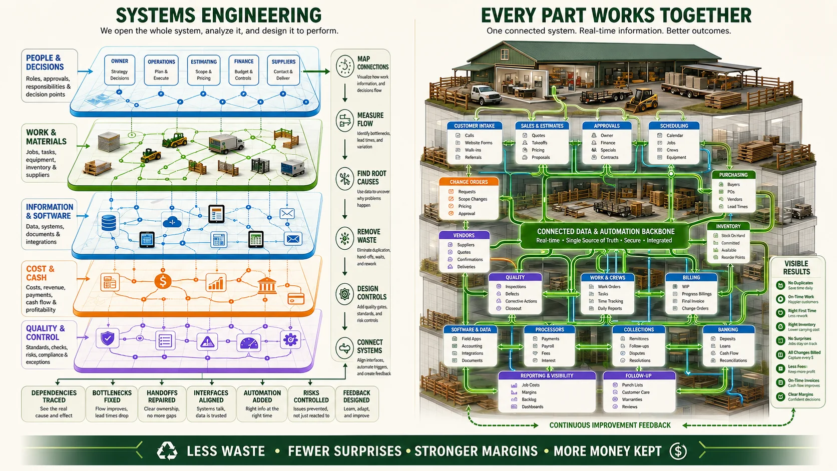 Business systems are analyzed to find waste and broken connections, then rebuilt as one clear, connected flow.