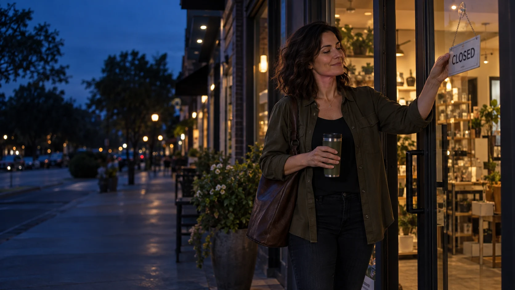 A woman closes her small business for the evening while her connected payment flow continues.