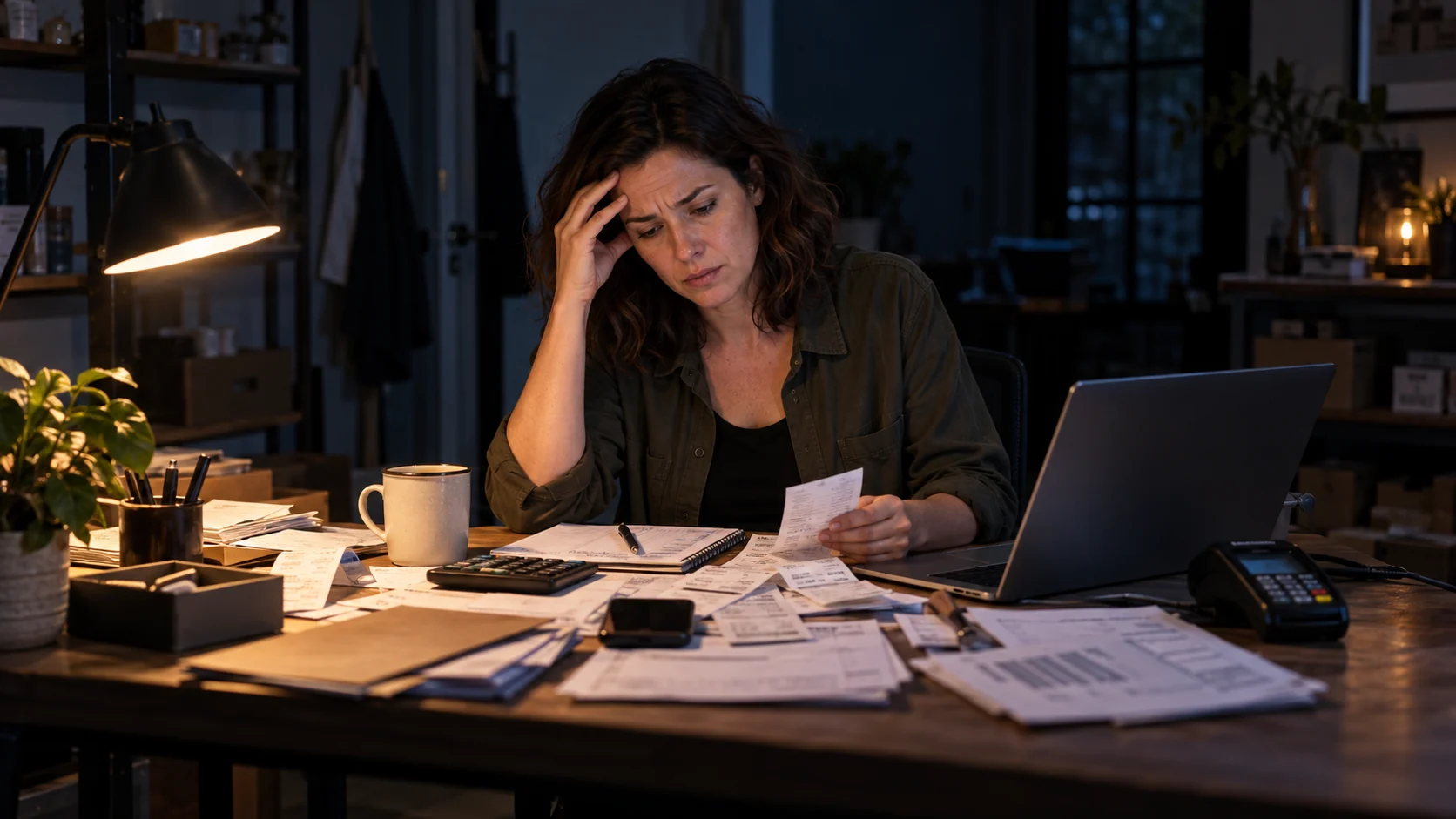 A small-business owner manually sorting bills, receipts, and payment records after hours.
