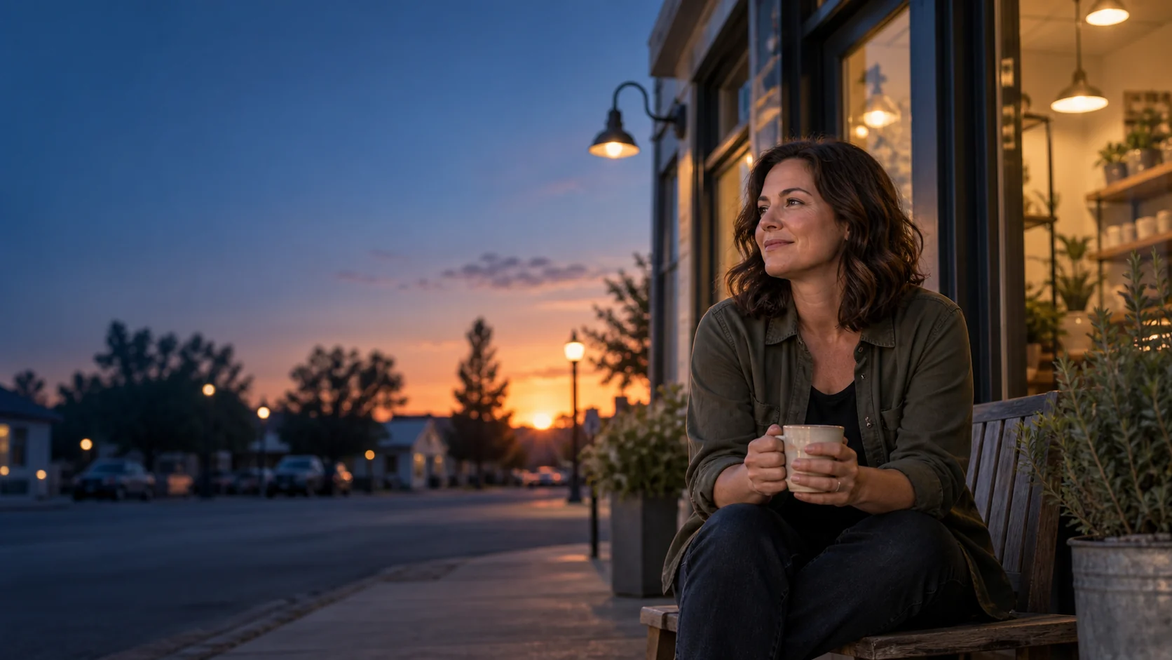 The owner relaxes outside her business after work while routine payment processes continue.