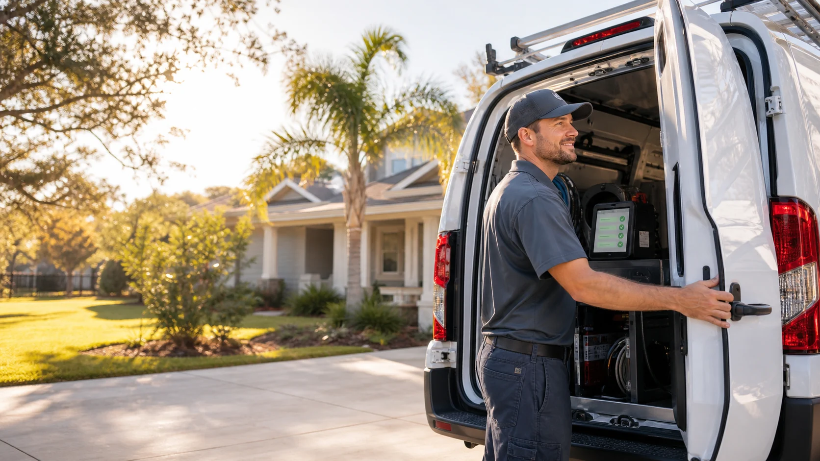 A North Florida HVAC contractor finishes the workday on time and closes his organized service van.