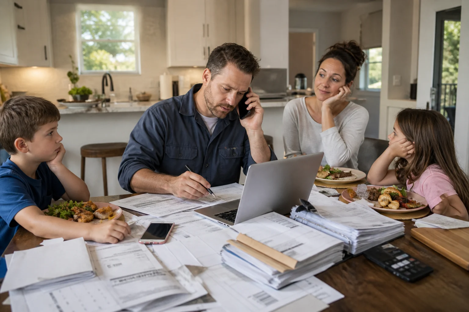 A trades business owner handles calls and paperwork at the dinner table while his family waits for his attention.
