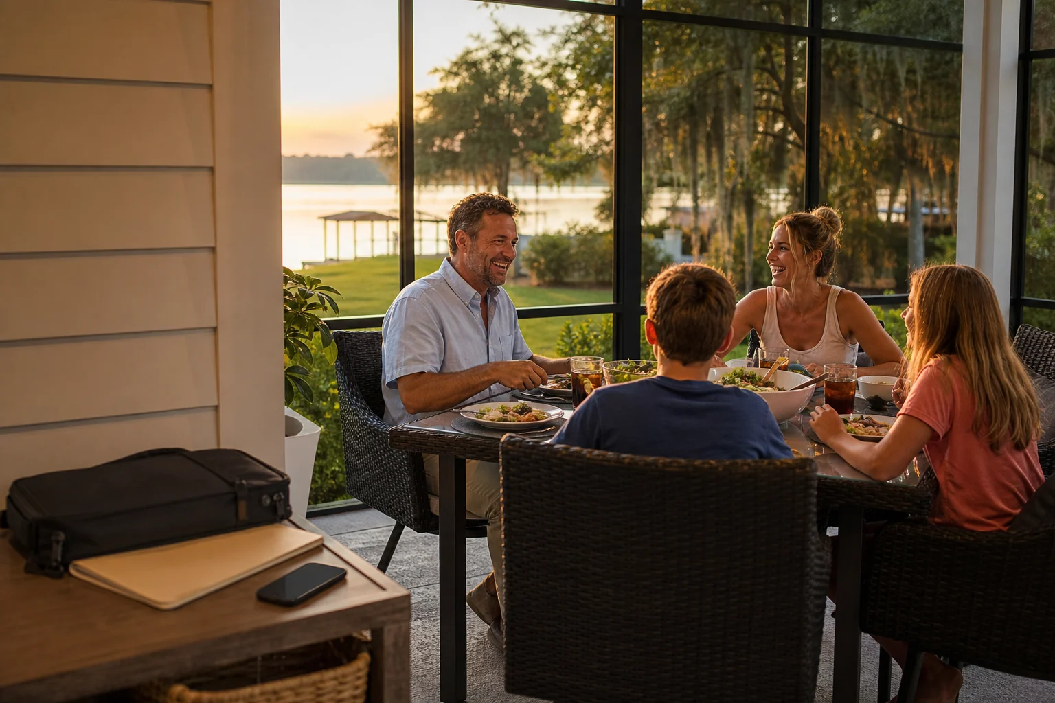 A business owner is fully present at family dinner while his closed work bag and phone remain out of the way.