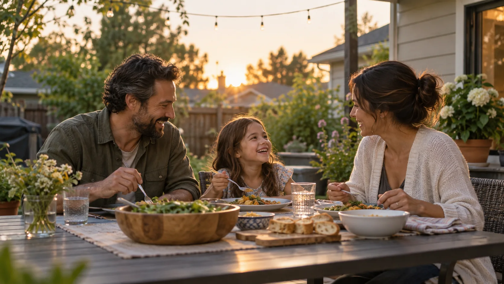 A relaxed family sharing an ordinary meal and being present together