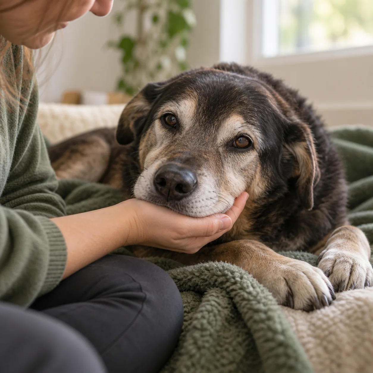 A rescued dog receiving gentle care