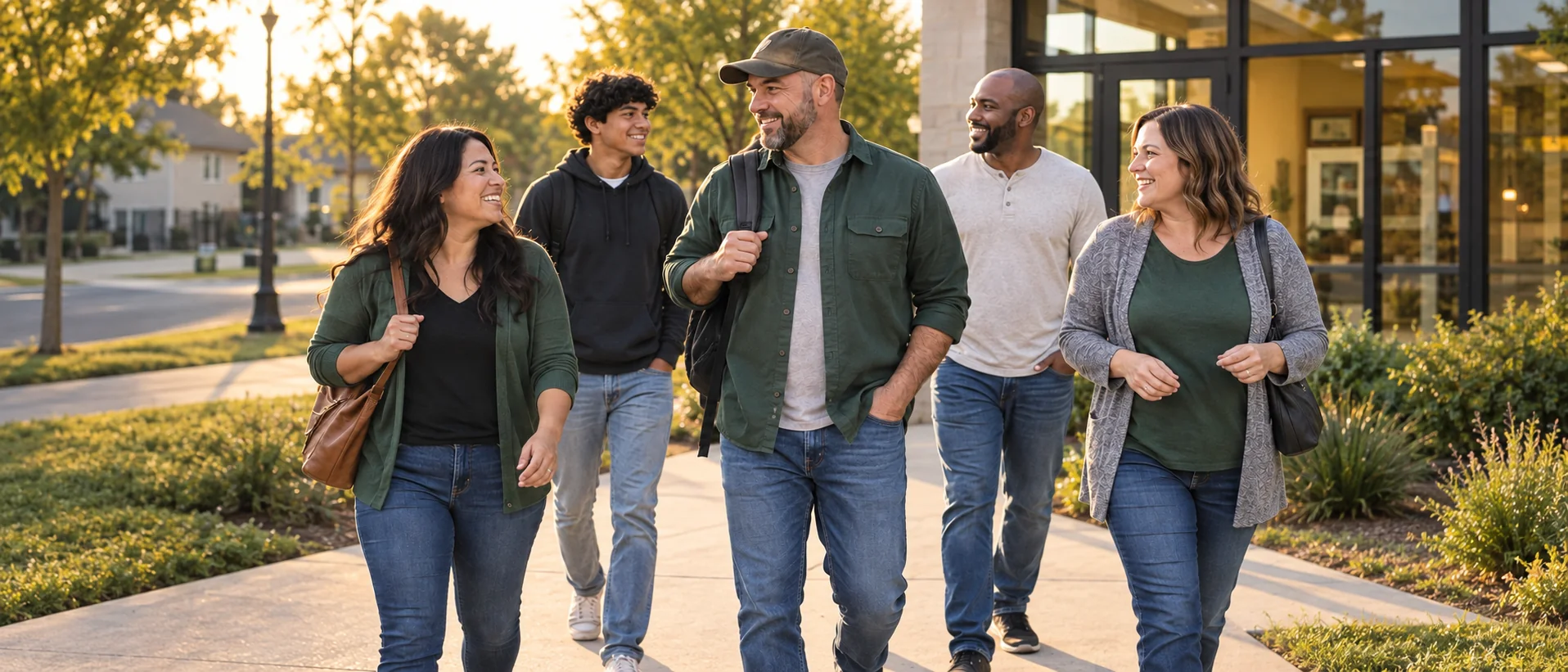 A hopeful group of adults and a young person moving forward together