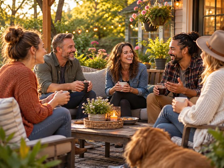 Friends sharing conversation together outdoors