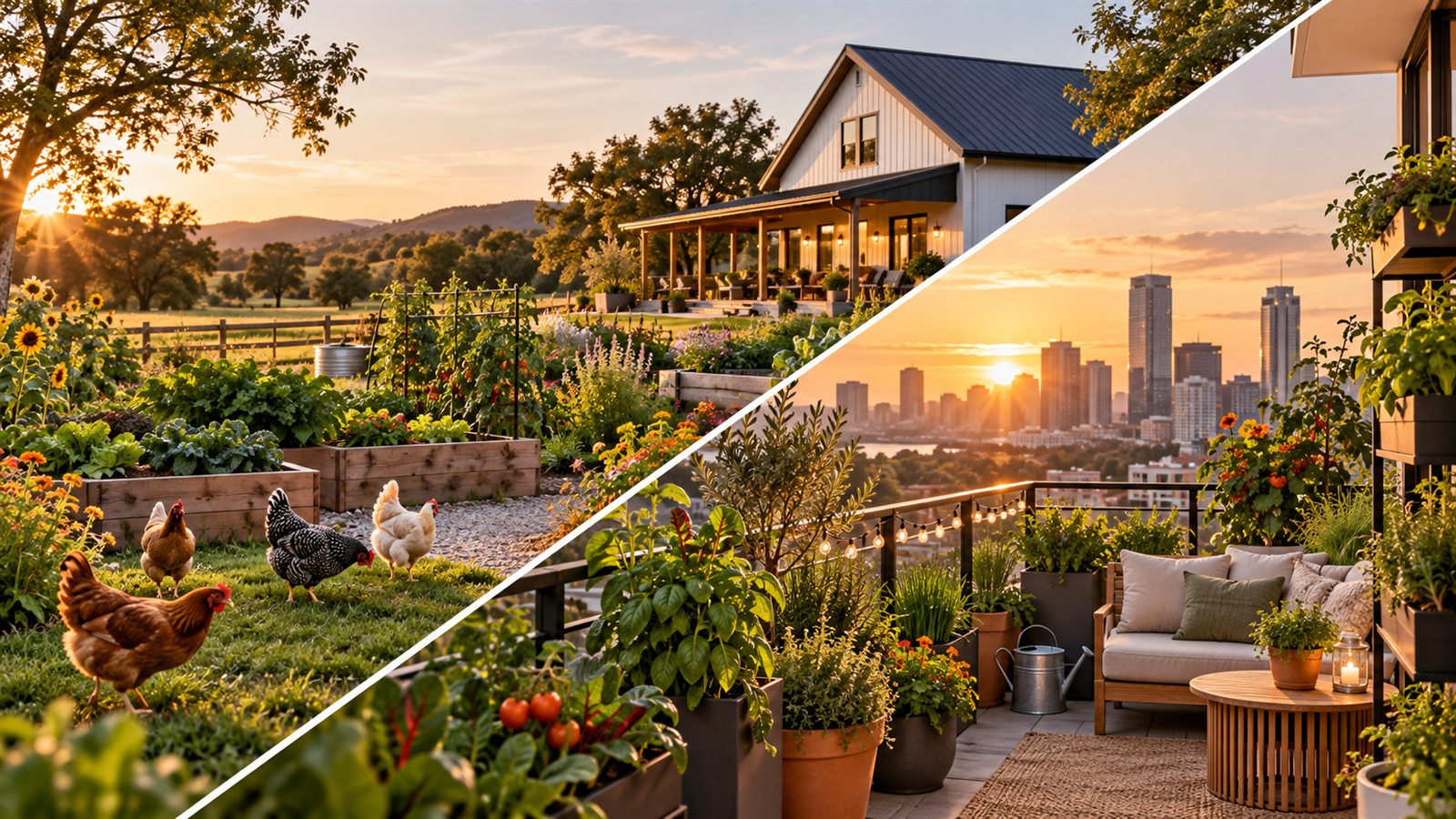 A productive rural homestead and a flourishing city balcony garden at sunset