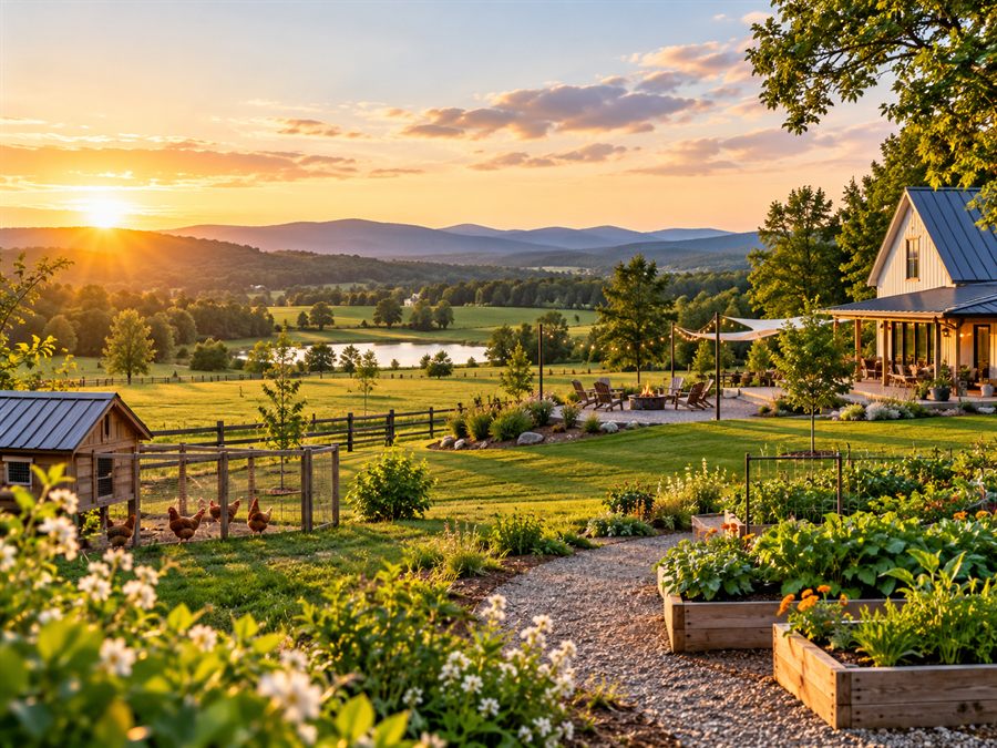 Productive rural property with gardens, animals, and open land