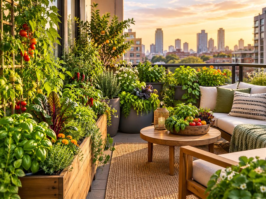 Abundant food garden growing on a comfortable city balcony