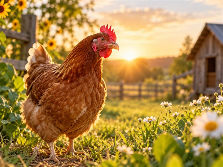 Healthy hen standing in warm evening light