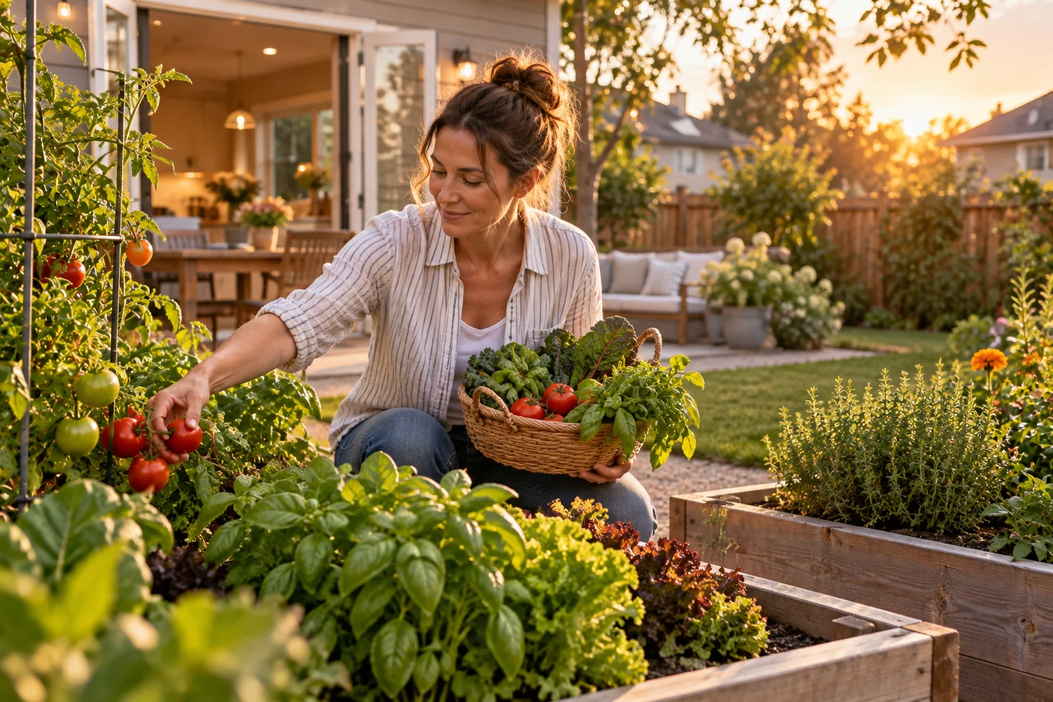A woman harvesting vegetables for dinner from a modern suburban backyard garden