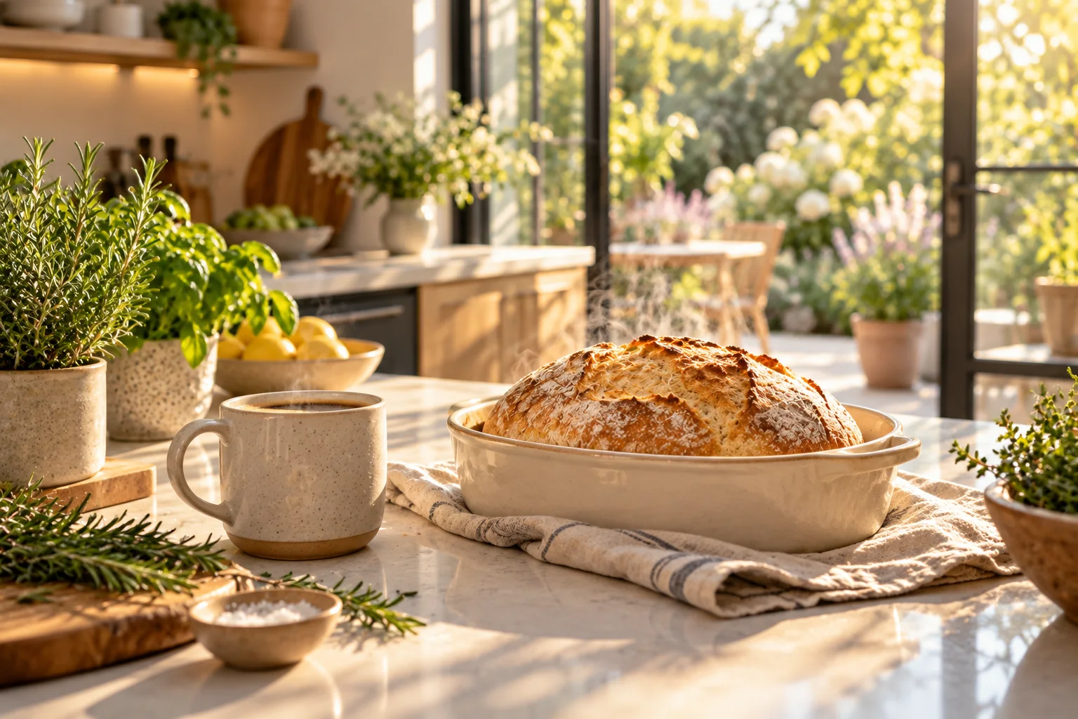 Warm bread, coffee, and fresh herbs in a sunlit modern kitchen