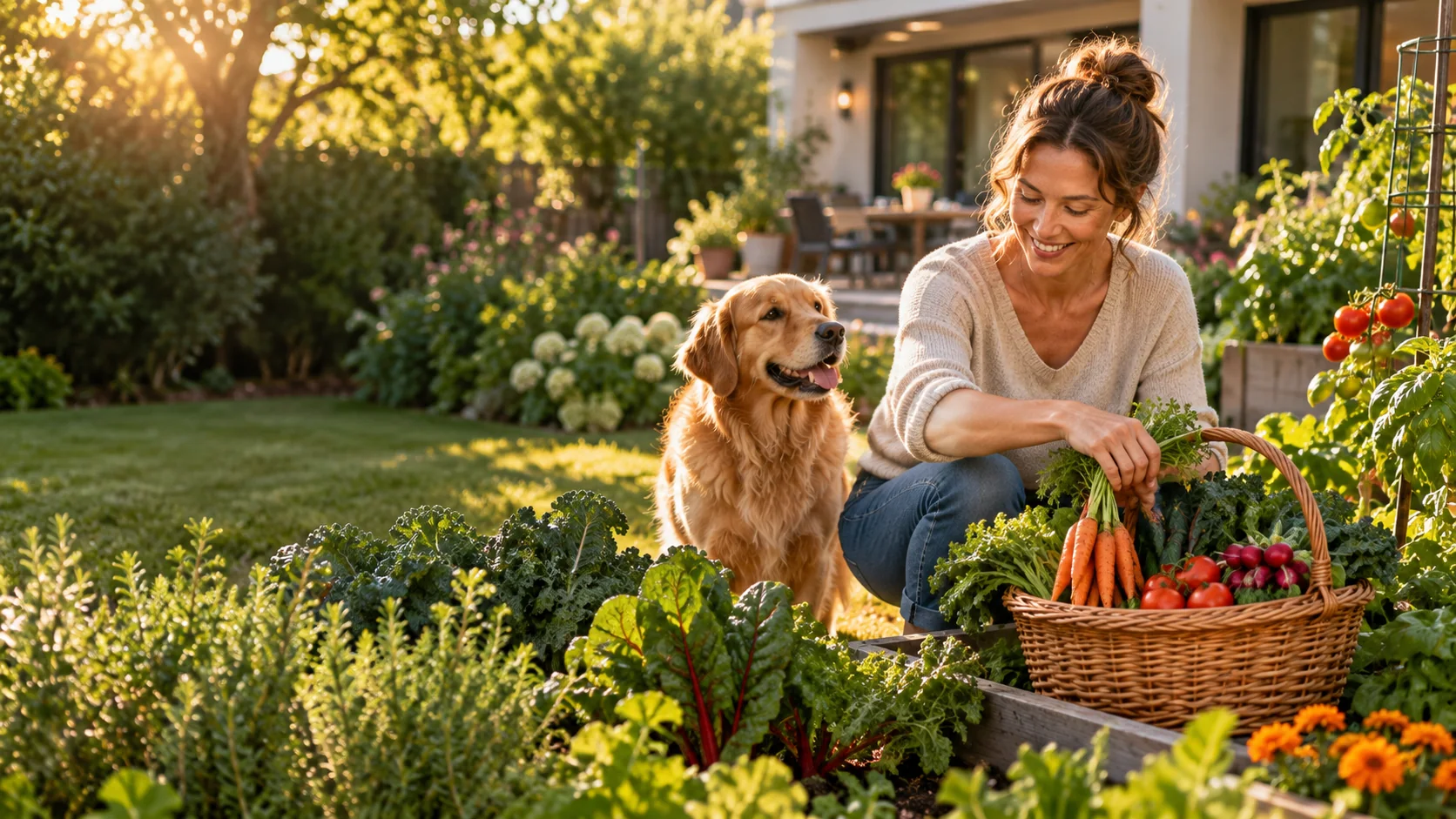 A woman harvesting fresh vegetables from a productive backyard garden with her dog nearby