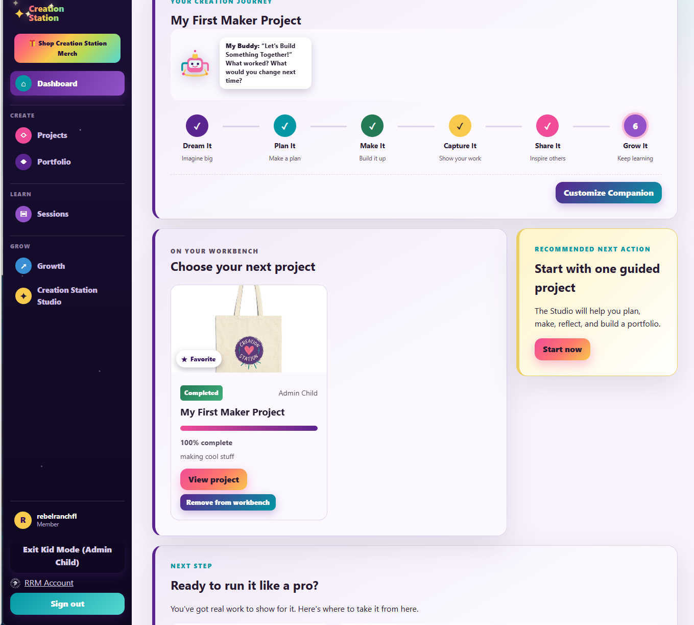 The real Creation Station dashboard, showing a finished project, journey progress, and the creative workbench