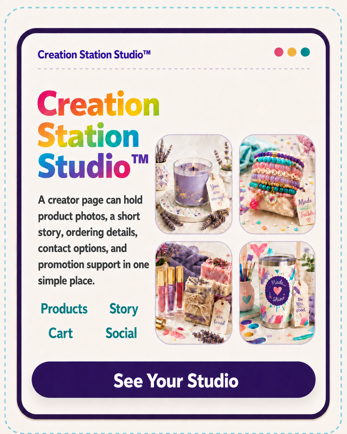 Creation Station Studio showing creator stories, product photos, and presentation tools