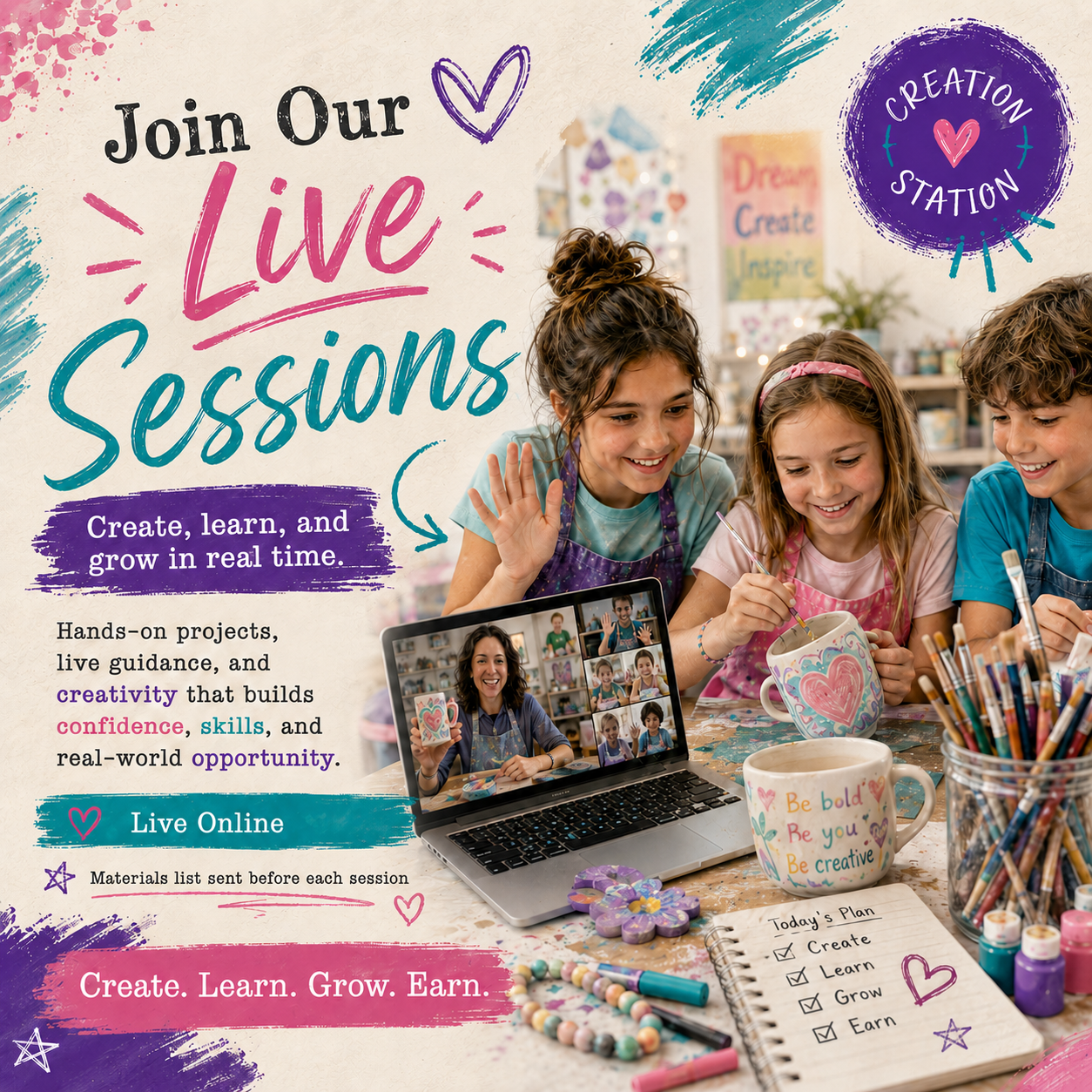 Colorful preview for the weekly Creation Station live creative gathering
