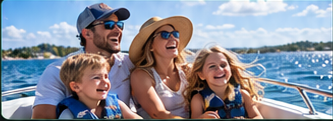 A family laughing together during a bright day on the water