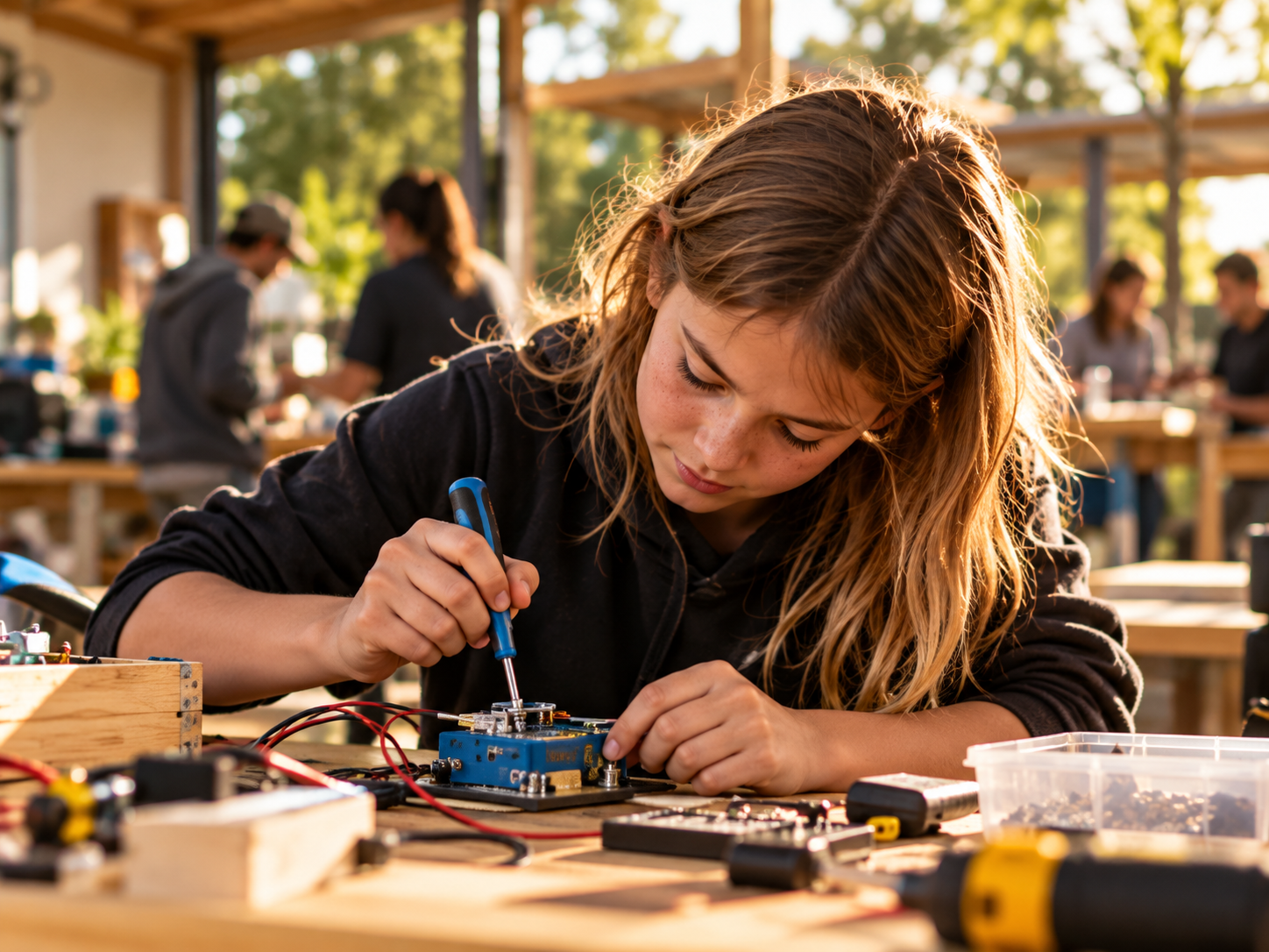 A young person working on an electronics project