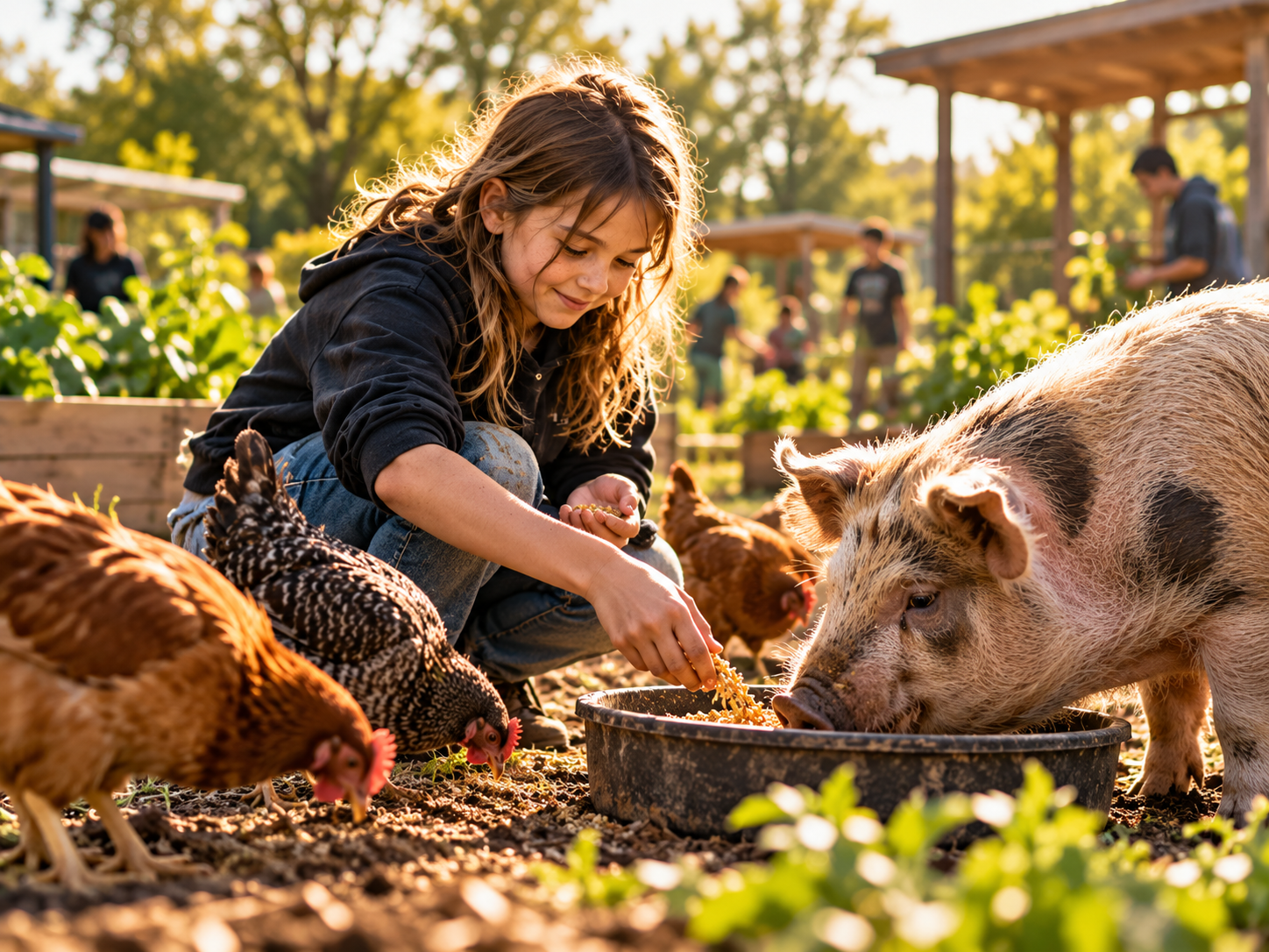 A young person caring for a pig and chickens
