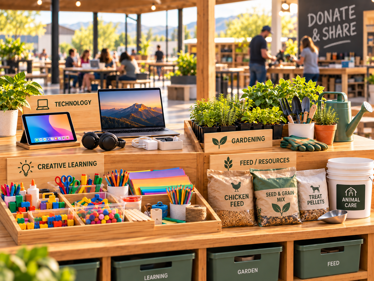 Technology, learning materials, gardening supplies, and animal feed organized for programs