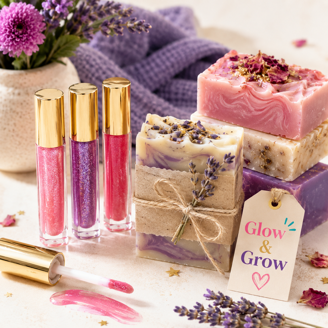 Lip gloss and handmade soaps